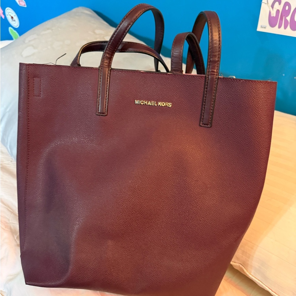 Michael Kors Wine Leather Tote with Gold Logo